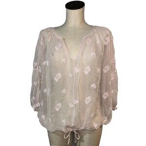 ZOA NY Women’s Oversized Silk Embroidered Boho Sheer Top size M Drawstring Hem